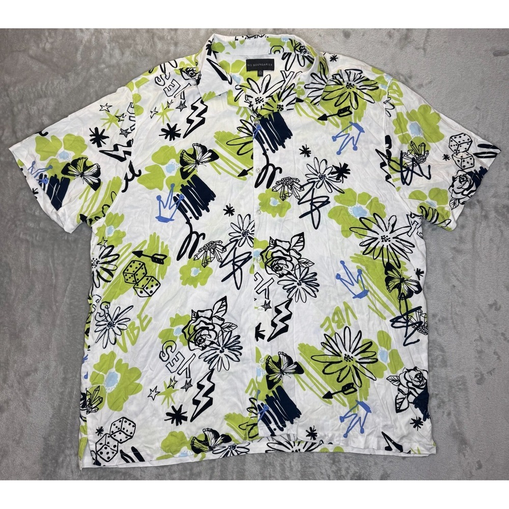 No Boundaries Mens Button‎ Up Shirt 3XL Rayon Graffiti Floral Dice AllOver Print